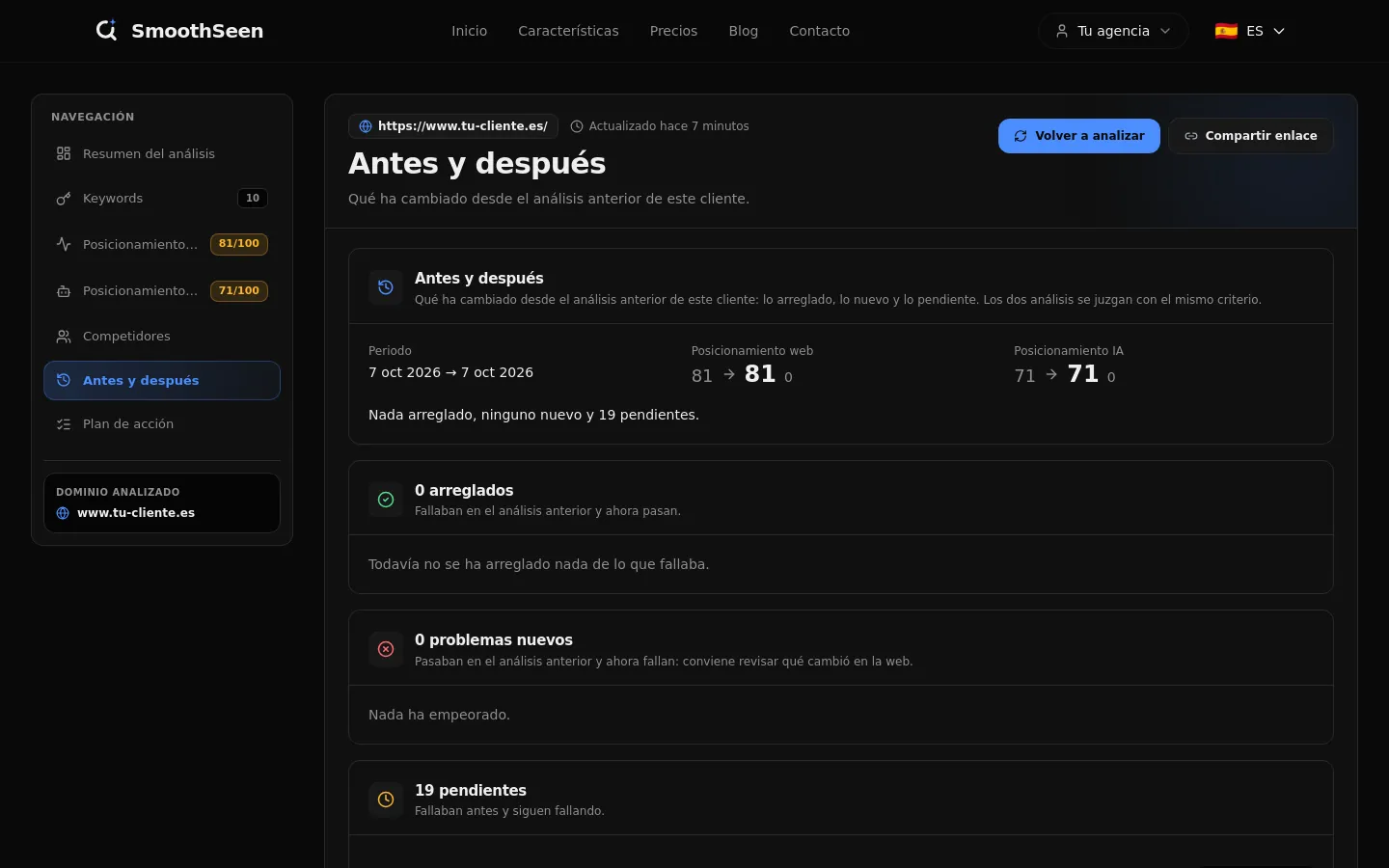 Captura del panel: comparación entre dos análisis.