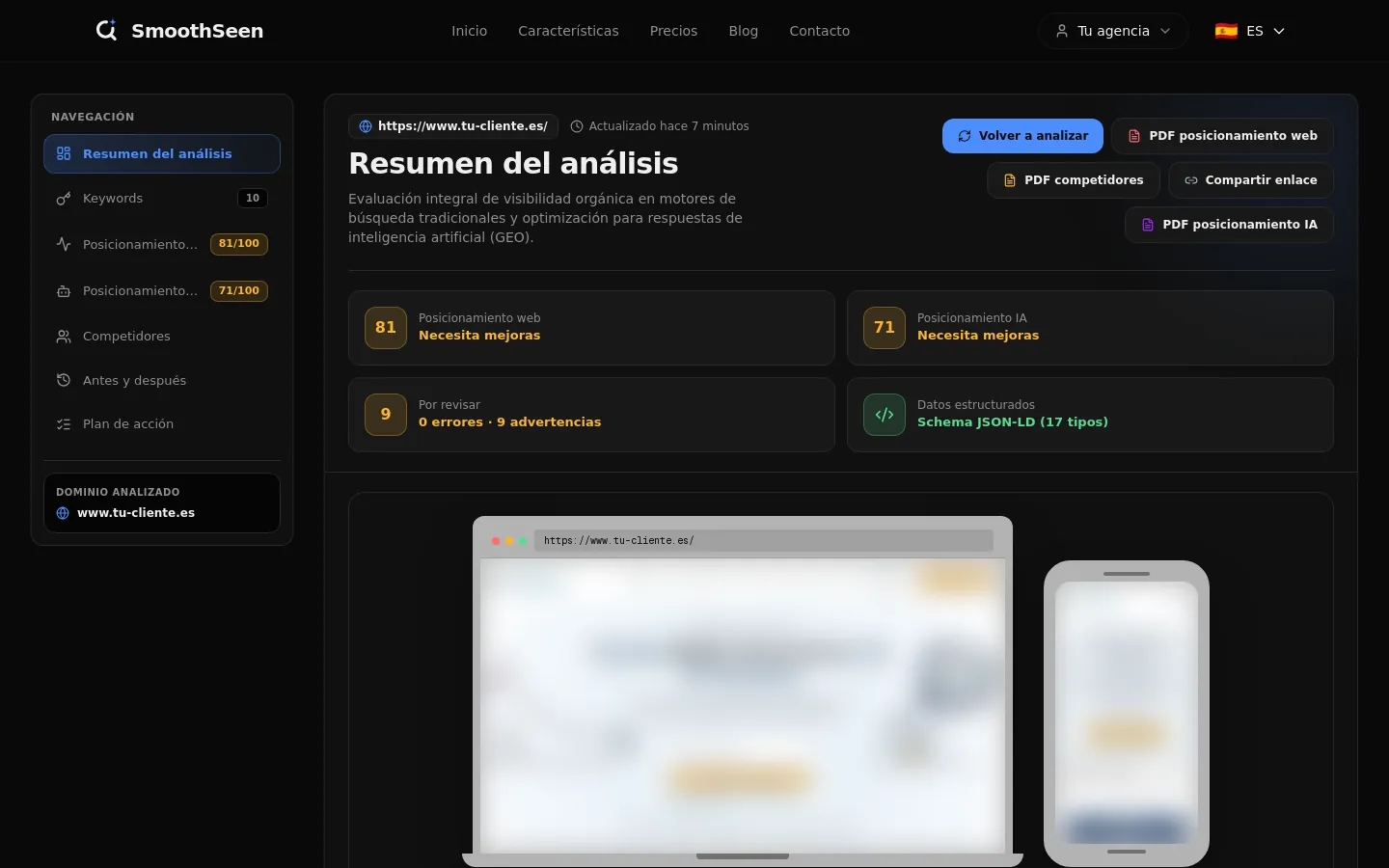 Captura del panel: resumen del análisis con las notas de posicionamiento web y de IA.